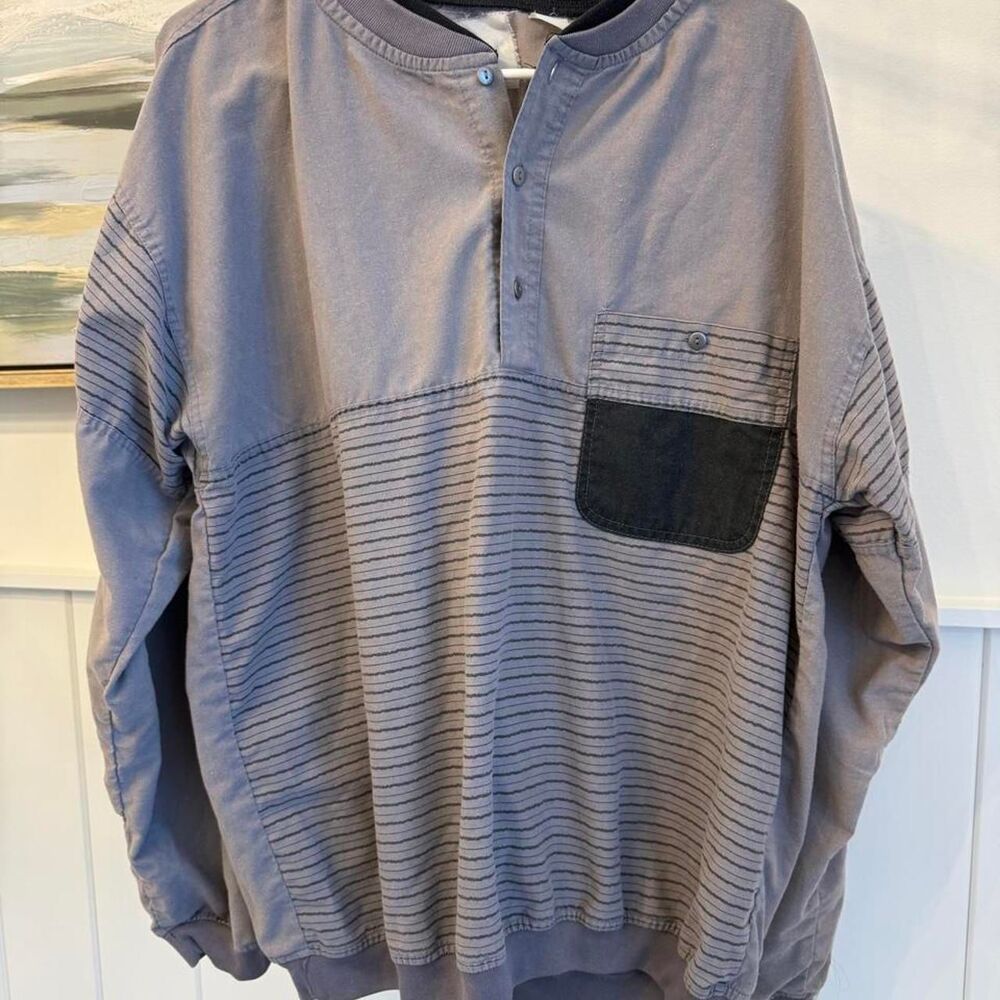 Gray Washed Striped Henley Pullover Oversized Pocket Sweatshirt